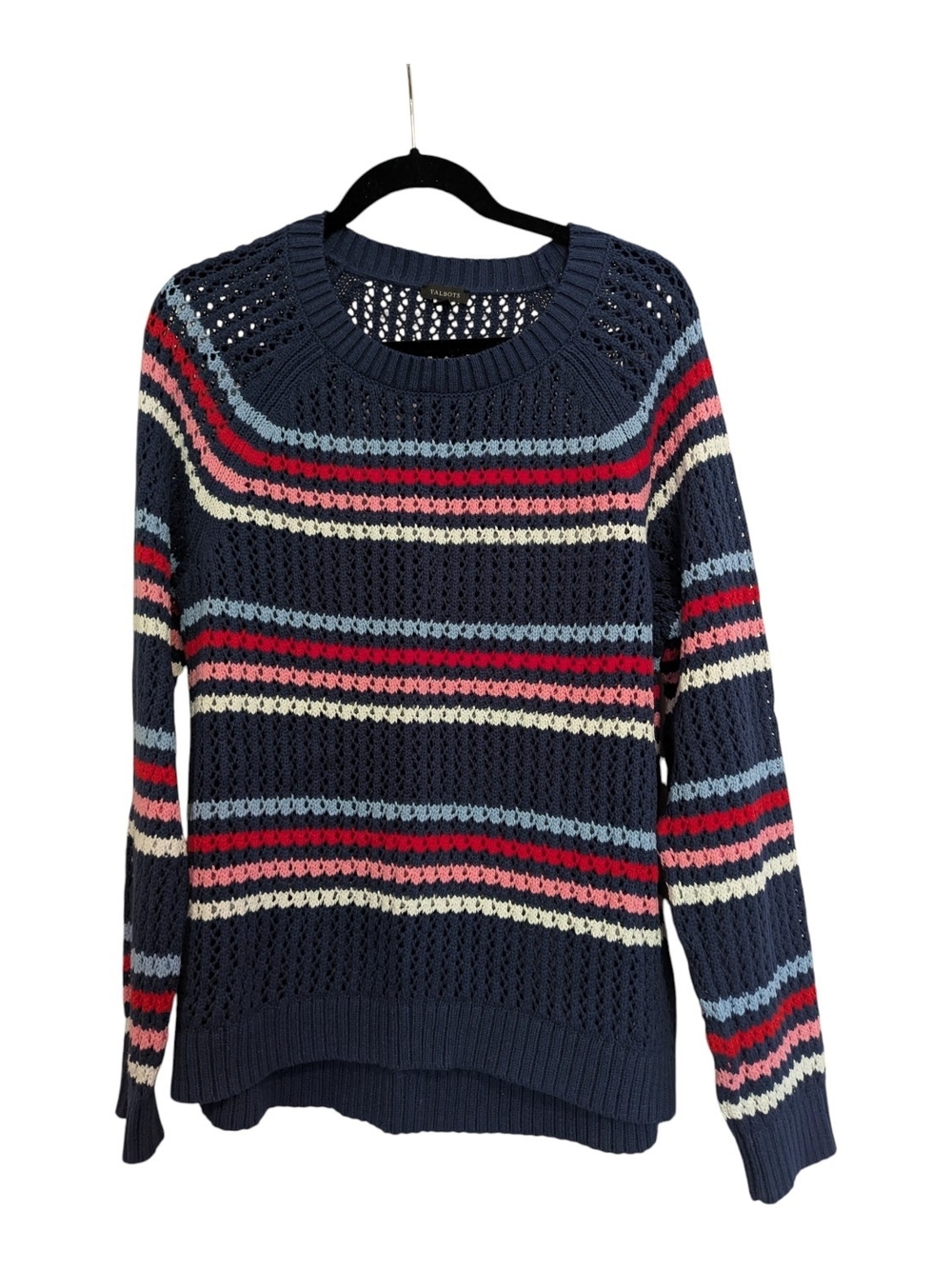 Talbots Navy Open-Weave Crewneck Sweater with Pink, Red, Blue and Cream Stripes